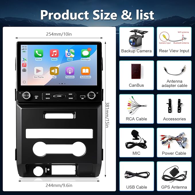 8 Core 4GB+64GB Car Stereo for Ford F150 2009 2010 2011 2012, Wireless CarPlay Android Auto Radio,10.2" Touchscreen, with Button, FM DRS/DSP/SWC/GPS Navigation/5G WiFi/Backup Camera/MIC