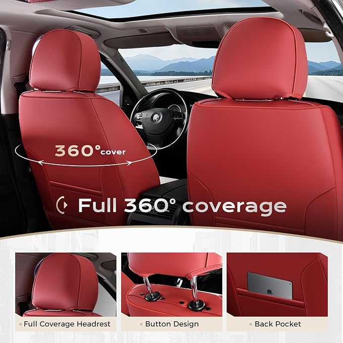 Coverado Seat Covers Full Set, 5 Seats Seat Covers for Cars, Waterproof Nappa Leather Car Seat Covers with Head Pillow, Seat Protectors Car Seat Cushion Universal Fit for Most Cars (Red&White)