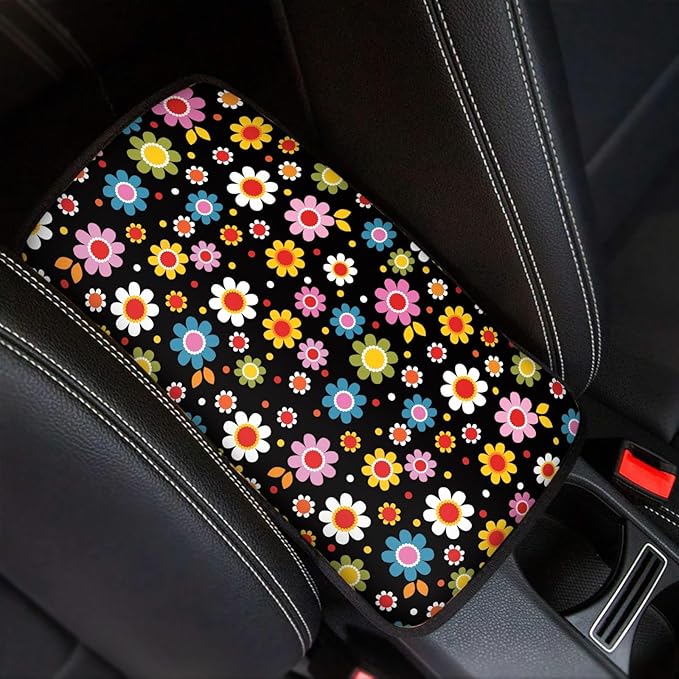 UNICEU Car Center Console Armrest Cushion Pad- Colorful Cute Daisy Flowers Print Auto Interior Decor Accessories Neoprene Armrest Box Protector Cover