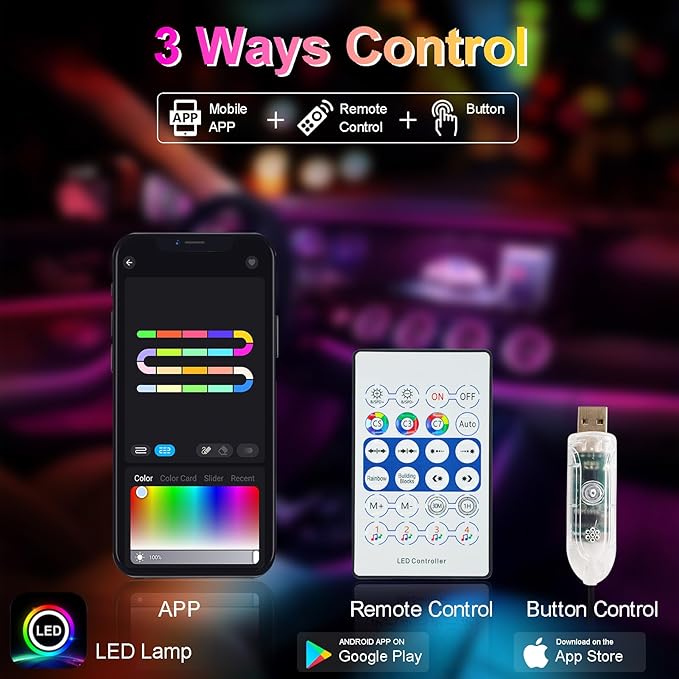 118" Acrylic Interior Car Lights, 0.08in Ultra-Thin Thickness Ambient Lighting Kits with Smart APP, RGB 2 in 1 USB Powered Car LED Strip Light Music Sync Neon Strip for Vehicle (2 * 59in)