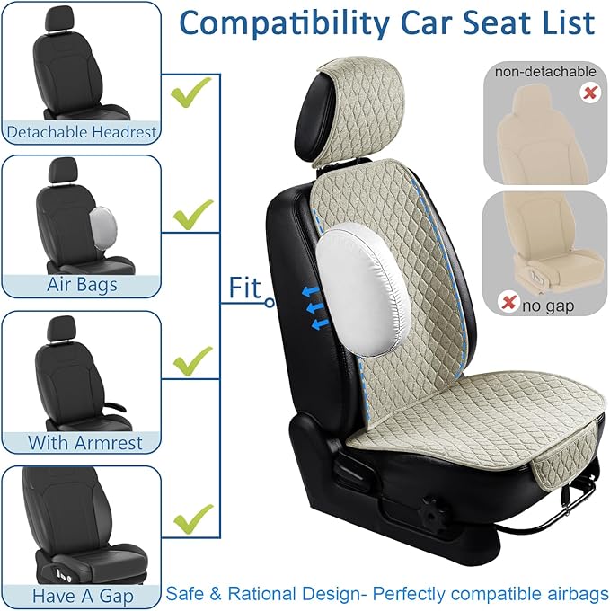 1 Pack Linen Car Seat Cover Front Seat Covers Soft & Breathable Front Premium Covers with Non-Slip Protector Universal Fits Most Automotive, Vans, SUVs, Trucks (1Pack Beige)