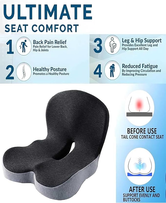 Orthopedic Seat Cushion, L-Shaped Ergonomic Design W/Lumbar - Removes 100% of Tailbone Contact, Cushion for Truck Driver, Workers, Instant Relief Sciatica Pain (Grey)
