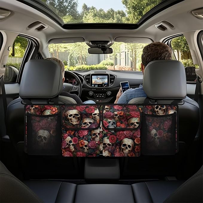 Skull Floral Car Trunk Organizer, Backseat Hanging Large Storage with Adjustable Straps & 4 Pockets, Waterproof Collapsible Cargo Bag, Car Interior Accessories for SUV, Truck, Van