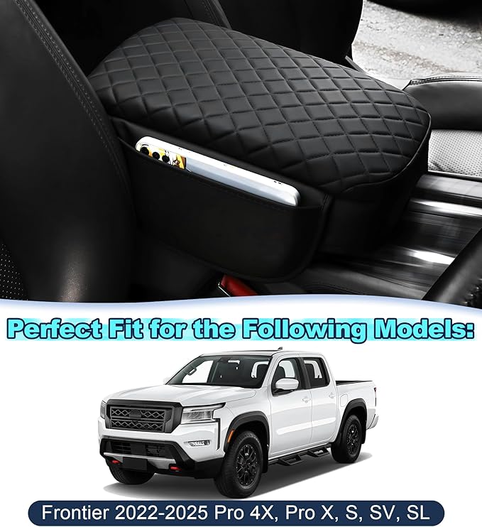 Armrest Cover for Nissan Frontier 2022-2025 Center Console Pad with Organizer Storage Pockets, Black Faux Leather Arm Rest Lid Protector Cushion D41 Interior Accessories