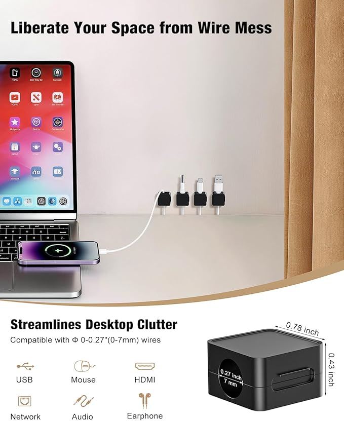 12 Pack Magnetic Cord Organizer Cable Clips, Compact Desk Cable Management Clips, Adhesive Cord Holder for Desk, Wire Organizer Holders for Nightstand, Home, Office Accessory, Car, Wall, Black