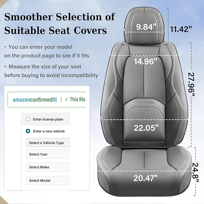 Coverado Car Seat Covers Full Set, Premium Nappa Leather Seat Covers for Car, Waterproof Car Seat Protector with Lumbar Support, Automotive Seat Covers Universal Fit for Most Cars SUV Truck(Gray)