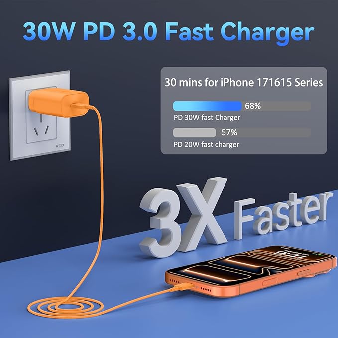 Phone 17 16 15 Charger Fast Charging,30W USB C Phone 17 16 15 Pro Max Charger Block & 10FT Long Type C Cable Cord for i.Phone 17/17 Air/17 Pro/17 Pro Max/16/16 Pro Max/15/15 Pro Max,Orange
