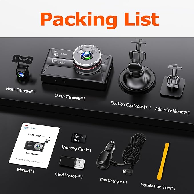1080P Dash Cam Front and Rear with 32GB SD Card, Diamond Lark Dual Dash Camera for Cars, 3” LCD Screen Dashcam with Type-C Port, HDR, G-Sensor, Loop Recording, Parking Monitor, Night Vision