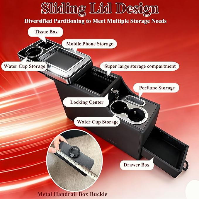 Truck Center Console Organizer Between Seat for Minivans, SUVs, Middle Van Bench Organizer for Floor Between The Back Seat Console 18 Wheelers Locking Design with Sliding Lid Design
