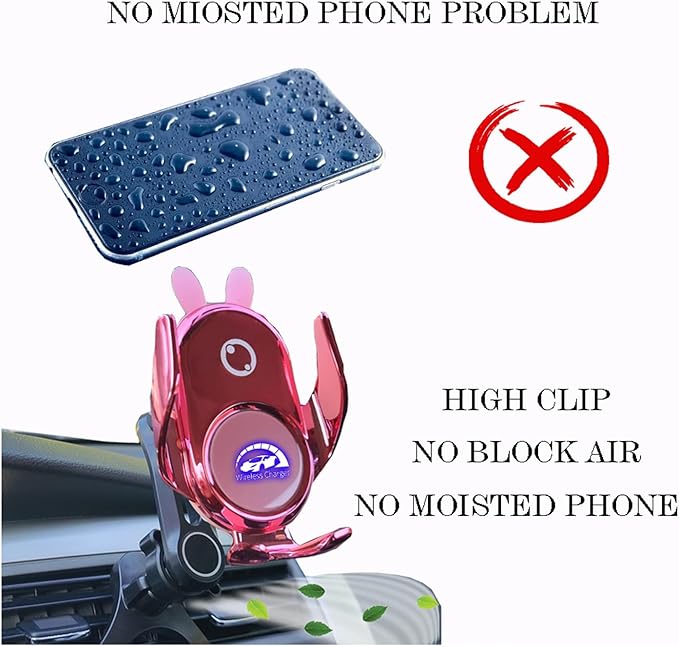 Car Phone Holder Mount Wireless Charging Auto Clamping Rotatable Vent Clip Cute Pink Rabbit Woman for iPhone Samsung Andriod Phone