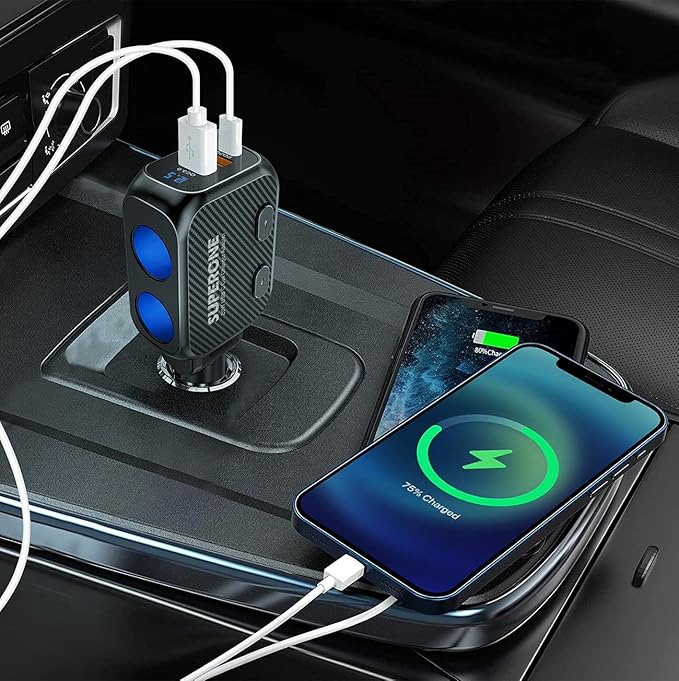 SUPERONE 180W Cigarette Lighter Splitter with 20W PD, 2-Socket Cigarette Lighter Adapter, Fast USB C Car Charger with Type-C 20W PD & QC 3.0 for Dash Cam, GPS, iPad/Laptop/iPhone 17/16/15/14/Samsung