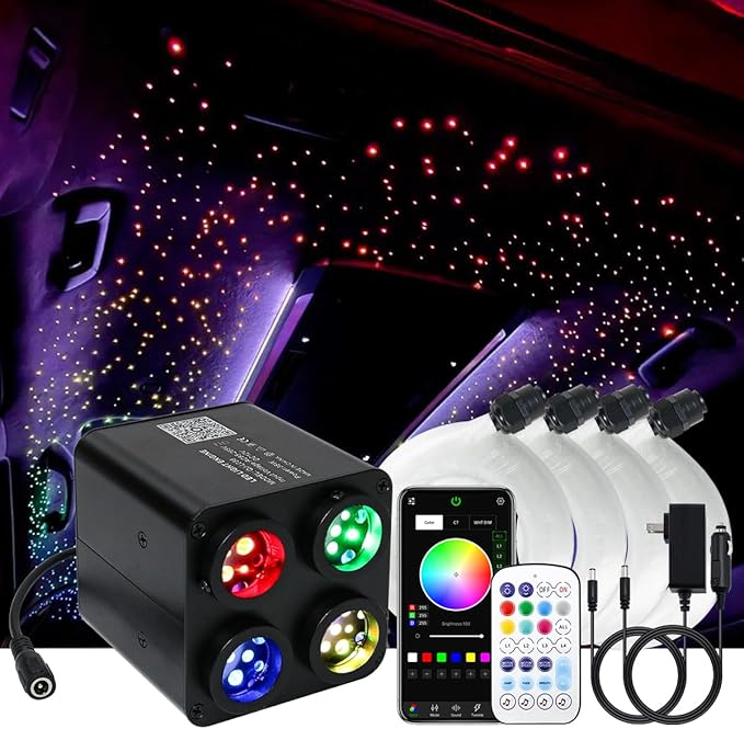 AKEPO 36W 4 Color Twinkle Fiber Optic Starlights Headliner Lights Kit, Optical Fibers Music Sync Bluetooth APP Control Starlight Kit, 1000pcs*13.1ft