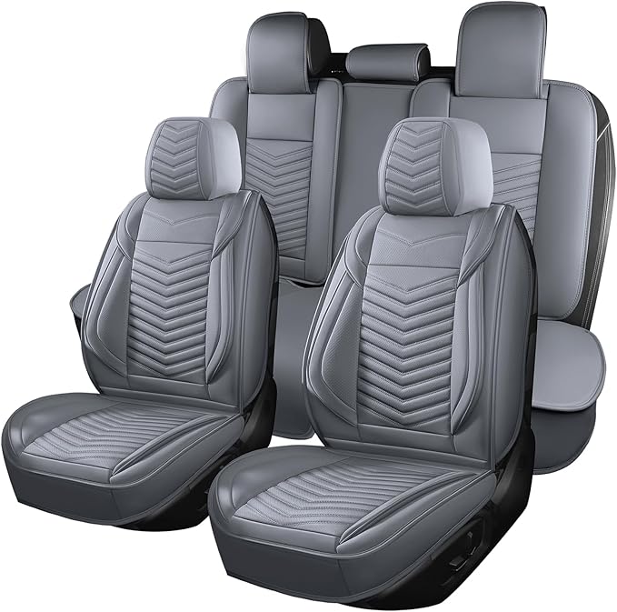 Nappa Leather Car Seat Covers Full Set, Gray Car seat Protector 5 Seats, Waterproof Car Seat Cushion, Universal Automotive Seat Covers Fit for SUV Truck Pick-up Sedan, Front and Rear