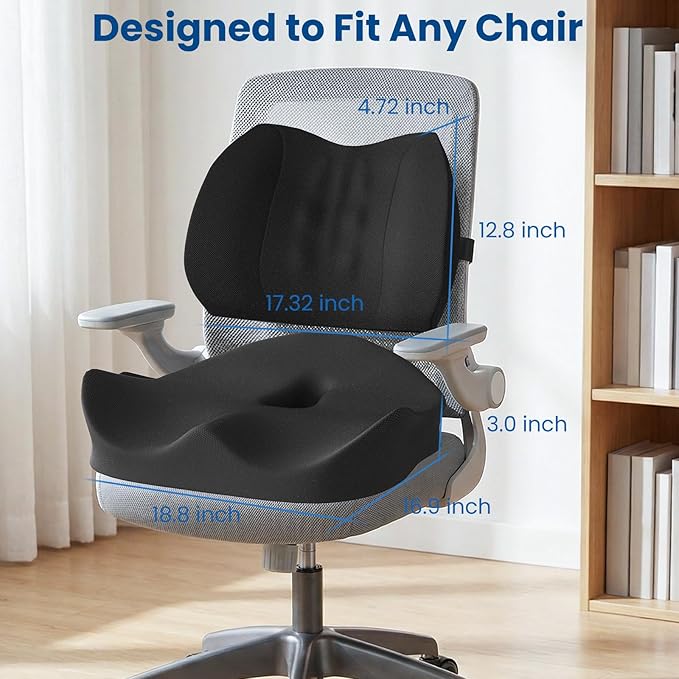 Seat Cushion Lumbar Support Pillow for Office Chair, X Large Memory Foam Chair Cushions for Sciatica Tailbone Pain Relief Coccyx Pad for Wheelchair, Car, Home, Office, Desk