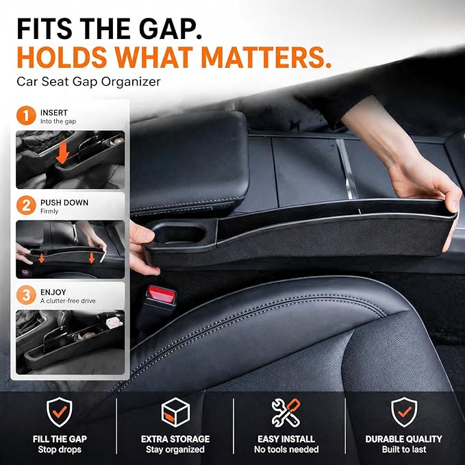 Seat Gap Filler for Tesla-Compatible Models – No More Lost Items, Custom Fit for Model Y & Model 3 (2020–2026), TPE Organizer with Storage, Easy Install, 2 Pack, Black
