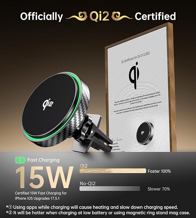 for Magsafe Car Mount Charger 2026 New [Qi2 Certified-15W], 360° Rotatation [Dash & Vent] Wireless Car Charger, for iPhone 17 16 15 14 13 12 Series, for Magnetic iPhone Car Accessories, Black