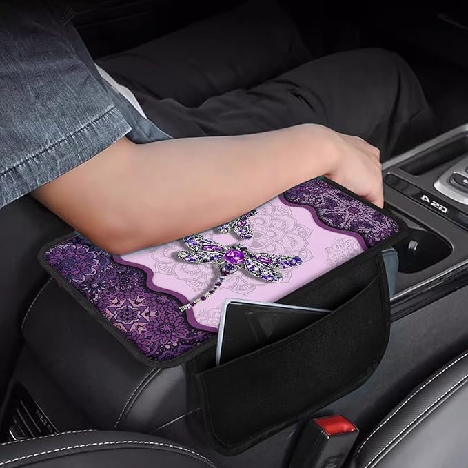 Boho Floral Dragonfly Print Car Center Console Cover Waterproof Vehicle Armrest Cover Pad with 2 Storage Bags Scratch-Resistant Car Armrest Cushion Car Accessories Interior Protection