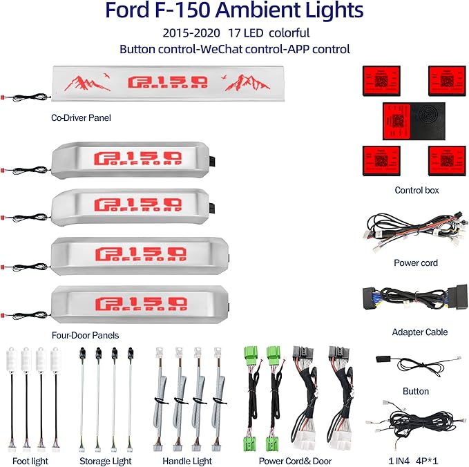 Ambient Light Kit for 13th Gen Ford F-150, 2015-2020 Chrome Interior Inner Door Handle Cover, Door Opening Warning, 256-Color, SYNC 3 Controlled Light Brightness, F150 Truck Accessories Replacement