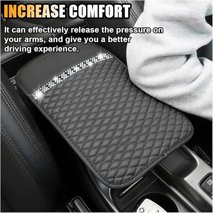 Bling Leather Car Armrest Seat Box Cover, Car Console Armrest Cover with Crystal Rhinestones, Anti-Scratch Waterproof Auto Center Console Protector Cushion Pad for Car SUV Truck (Black)
