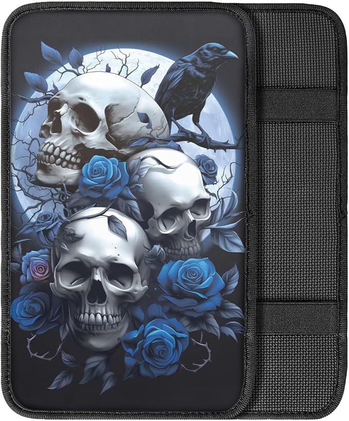 Dreaweet Goth Car Accessories for Women Interior Blue Rose and Skull Arm Rest Cover for Car Truck SUV Center Console Cushion Pad Anti Slip Comfort Padded Armrest Cover