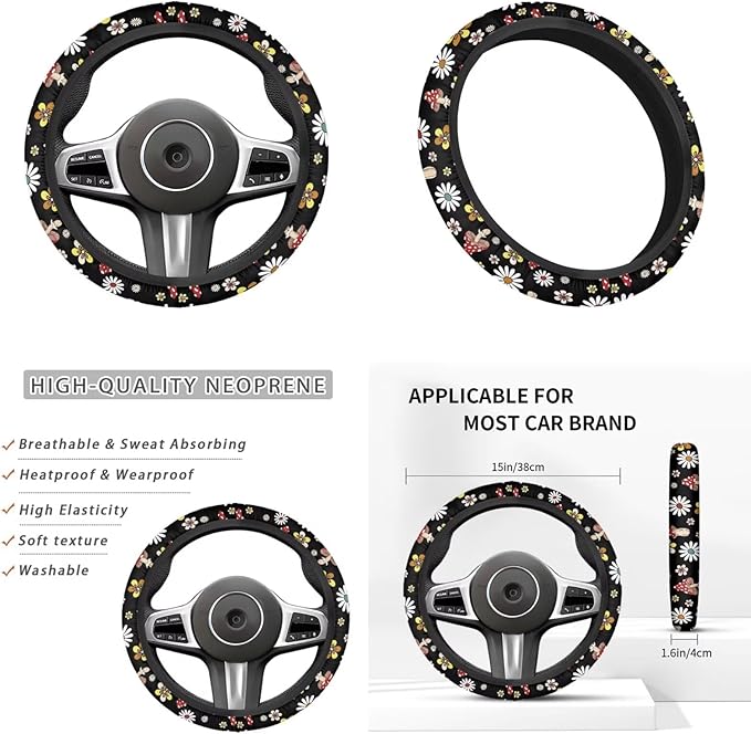 Mushroon Car Accessories 6 Pcs Sets for Men Women Many Flower Cute Car Steering Wheel Cover Cup Coaster Handbrake Cover Suit for Cars Truck Vans SUV