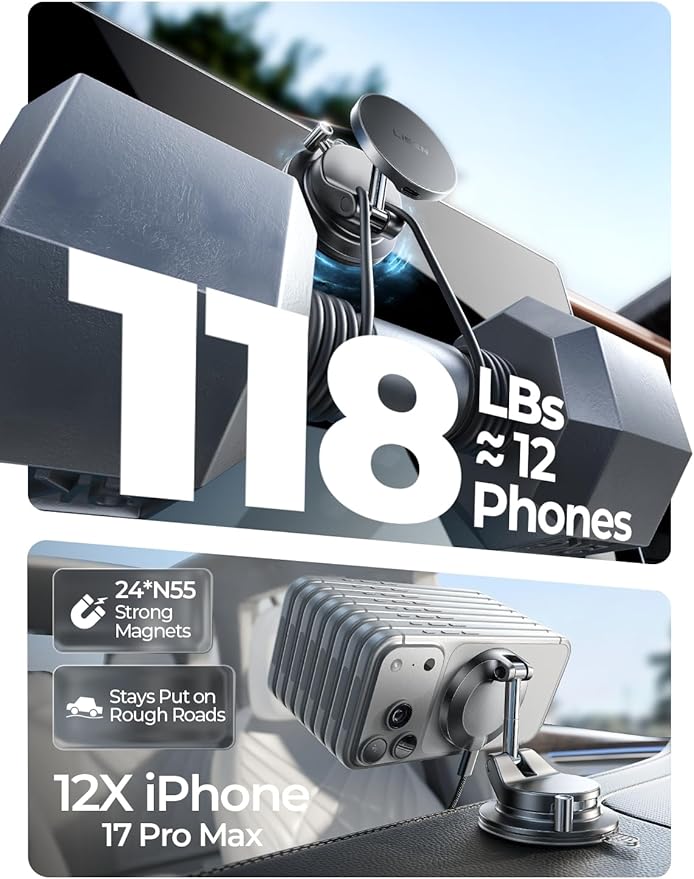 LISEN 15W Magsafe Car Mount Charger, Magnetic Wireless Car Charger, Suction Phone Mount, Vacuum Magnetic Phone Holder for Car Charger for iPhone 17 Pro Max 16 15 14 13 12, Samsung,Pixel, Gifts for Mom