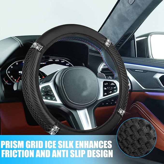 Bling Car Steering Wheel Cover, 15 Inch Elastic Stretch Crystal Rhinestone Vehicle Steering Wheel Protector, Anti-Slip Auto Interior Protective Cover, Universal for SUV RV Truck (Black)