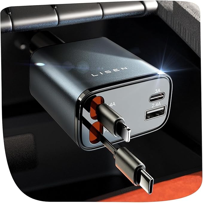 LISEN Retractable Car Charger Gift Box Edition, 84W Cars Phone Charger with Retractable Cable, Car Accessories Gifts for Men Women, 2025, USB C Fast Cars Adapter for iPhone 17 16 15 14