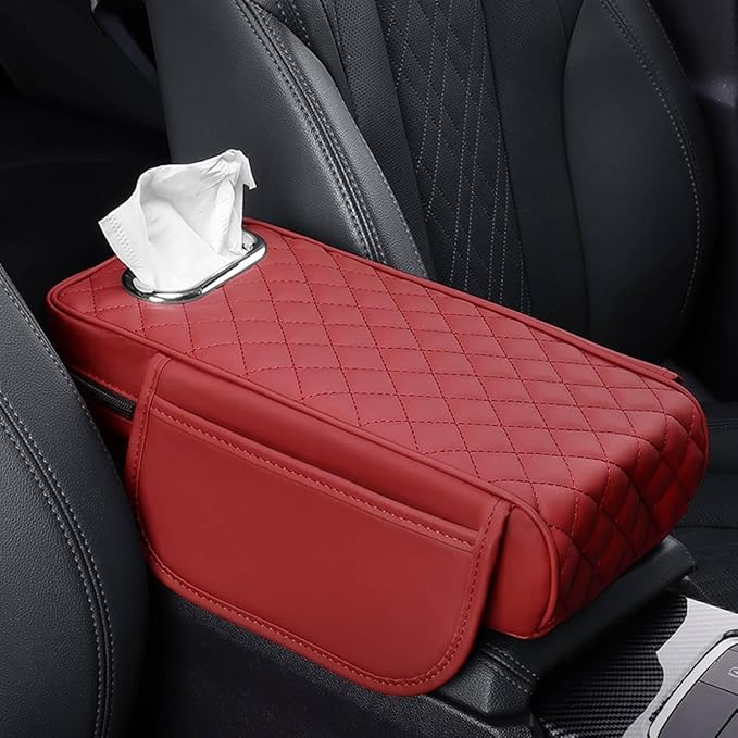 Car Center Console Cover for Fiat 500L (Type 330) 2012-2021, Leather Car Arm Rest Cover, Car Armrest Cushion with 2 Storage Bags Car Center Console Armrest Pad, F Red