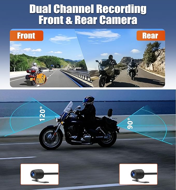 CAMECHO Motorcycle Dash Cam Front and Rear, IP67 Waterpoorf Dual Dash Camera with 32GB Card, 3" HD Car Camera with G-Sensor, Night Vision, Loop Recording, Dashcam for Motorbike, Motorsports