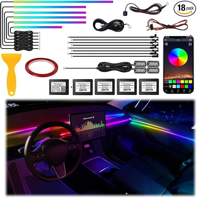 Acrylic Interior Car LED Strip Light, Dreamcolor 18-in-1 RGB Ambient Lighting with APP, 16 Million Colors 175in 600LED Music Sync Lights for Night Driving, Home, Camping & Gift Decor