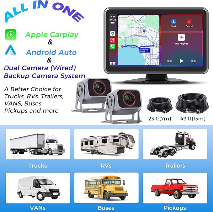 Truck RV Camera System with CarPlay & Android Auto,10'' Touch Screen Monitor with Recording & Voice Control & Navigation, 2 HD1080P Wired Rearview Backup Camera for Semi Trucks, RVs, Trailers