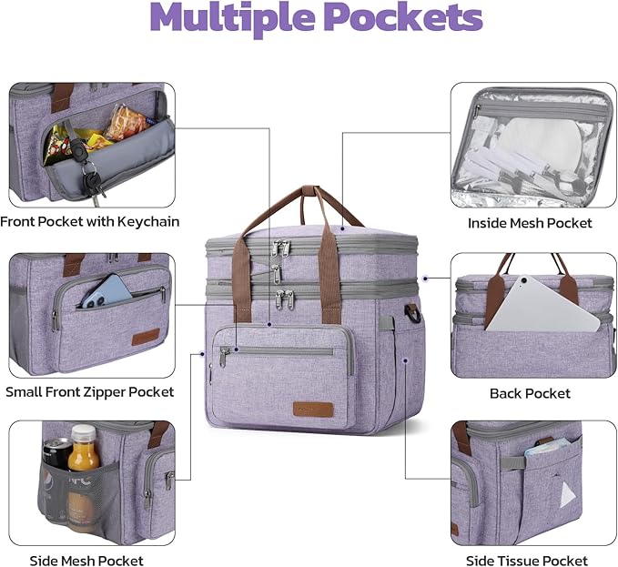 Maelstrom Lunch Box, 23L Insulated Lunch Bag, Expandable Double Deck Cooler Bag, Lightweight Leakproof Tote Bag With Side Tissue Pocket, Suit For Men and Women (D Lavender)