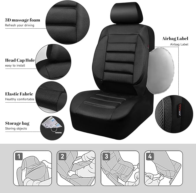 CAR PASS Breatherable Air Mesh Car Seat Covers Full Set, 3D Foam Back Support Automotive Seat Covers, All Season Car Seat Cover Fit Automotive,SUV,Sedan,Van, Airbag Compatible (Black)