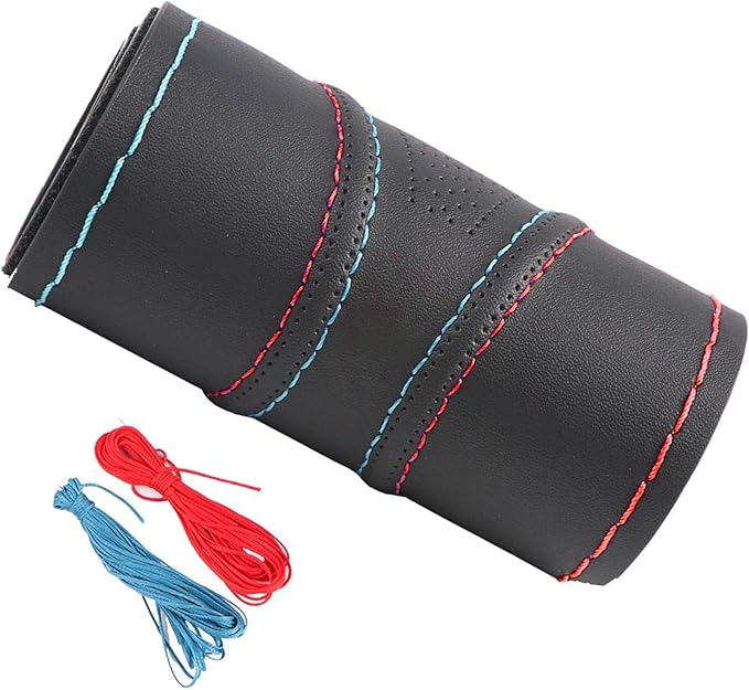 15 Inch Universal Car Steering Wheel Cover Leather (Artificial) Stitch On Wrap with Needle & Thread DIY Red and Blue Splice for BMW Etc