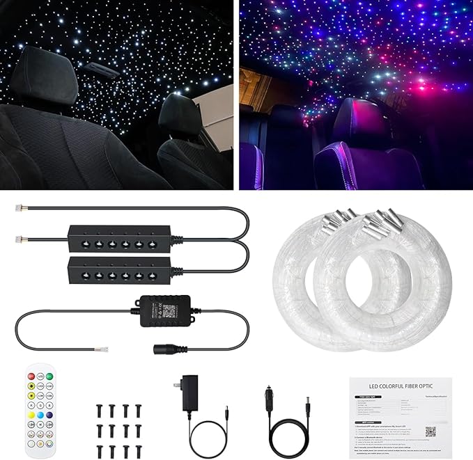 AZIMOM 6LED Colorful Fiber Optic Starlight Headliner Kits 720pcs*0.03in*9.8ft Fiber Strands APP& Remote Control Mix Color Chase Timing Fiber Optic Star Light for Car Home Sky Star Decoration
