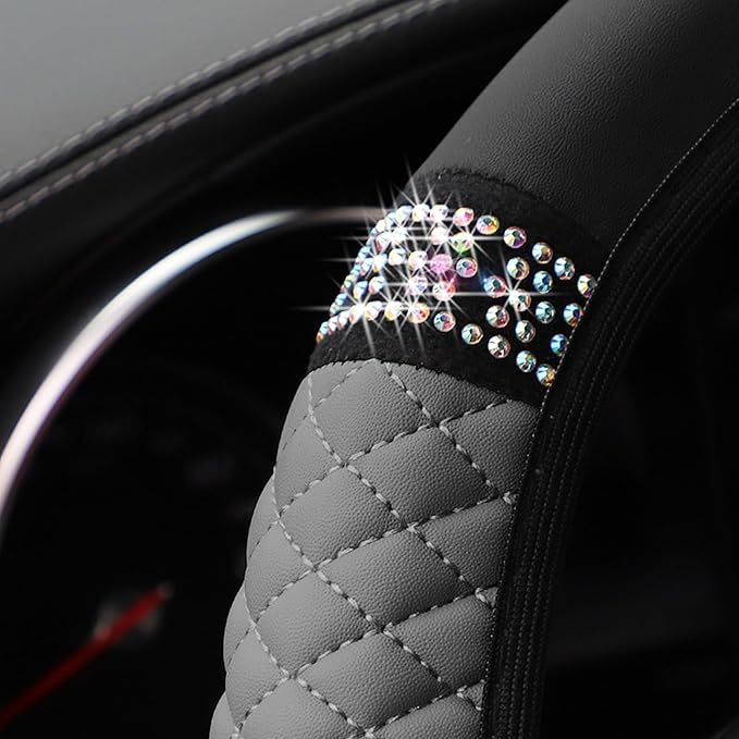 Bling Car Steering Wheel Cover, 15 Inch Rhinestones Soft Leather Elastic Steering Wheel Protector, Sparkly Crystal Diamond for Women Girls, Car Interior Accessories for Most Cars (Grey)