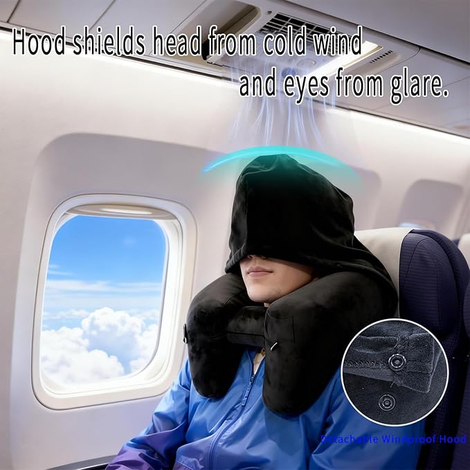 H-Shaped Travel Pillow with Snap-On Hood – Ergonomic Neck Support with Plush Velvet Cover, Instant Inflation & Compact Bag – for Airplane, Car, Office & Long Trips (Black)