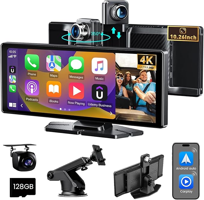 Portable Carplay-10.26" Screen Car Play-Wireless Apple Car Play & Android Auto,4K Dash Cam,1080p Backup Camera DVR,Audio Receivers GPS Navigation Mirror Link, Bluetooth,FM, Siri,SD Card