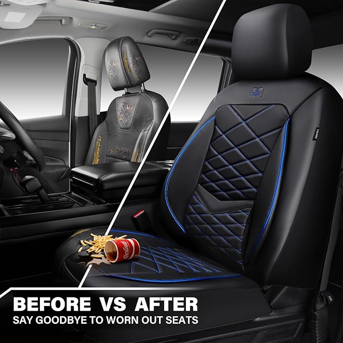 CAR PASS Luxury Nappa Leather Seat Covers Front, Water Resistant 3D Memory Foam Car Seat Covers with Lumbar Support,Thick Seat Cover Airbag Compatible Universal Fit for Sedan SUV Van Truck, Black Blue