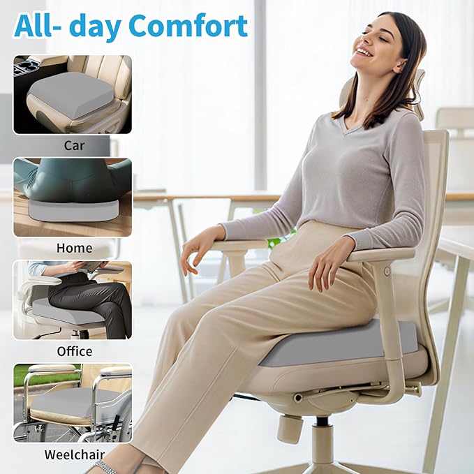 XLarge Seat Cushion, Memory Foam Cushion for Long Sitting Hours on Office Chair, Home & Car, Non-Slip Chair Pad for Relieving Back & Sciatica & Hip & Coccyx Pain (Light Grey)