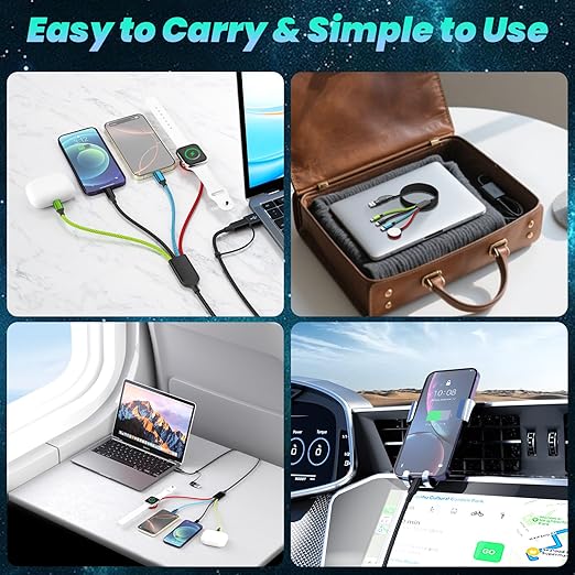 Travel Essentials 4 in 2 Multi Charging Cable for iWatch Charger, USB A/USB C Charging Cords for iWatch Ultra/SE/11-2, iPhone 17-11, Galaxy S25-21, iPad (1PACK 5FT)