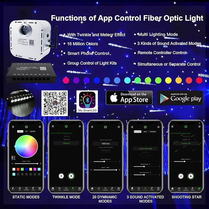 AKEPO 32W RGBW Bluetooth App Control+Twinkle+Music Mode+Shooting Star Effect Fiber Optic Lights Kit, Star Ceiling Sky Light 800pcs of (0.75+1+1.5mm) 16.4ft/5m Fiber Strands for Car Home Movie Theater