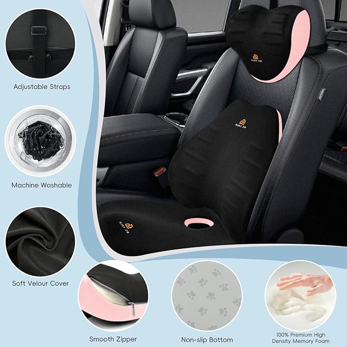 NS YOLO Ergonomic Car Seat Cushion with Comfort Memory Foam Neck Pillow, Car Pillow,Lumbar Support and Big Size Soft Seat Cushion for Driving Seat,Office Chair and Wheel Chair (Black and Pink-3 pcs)