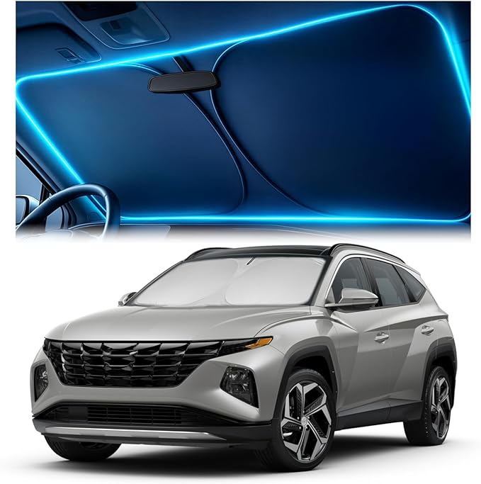 Windshield Sun Shade for Hyundai Tucson 2022 2023 2024 2025 2026 – Custom Fit Sun Shield with Mirror Cut‑Out, Blocks Heat & UV, Foldable with Storage Pouch - Hyundai Tucson Windshield Sunshade
