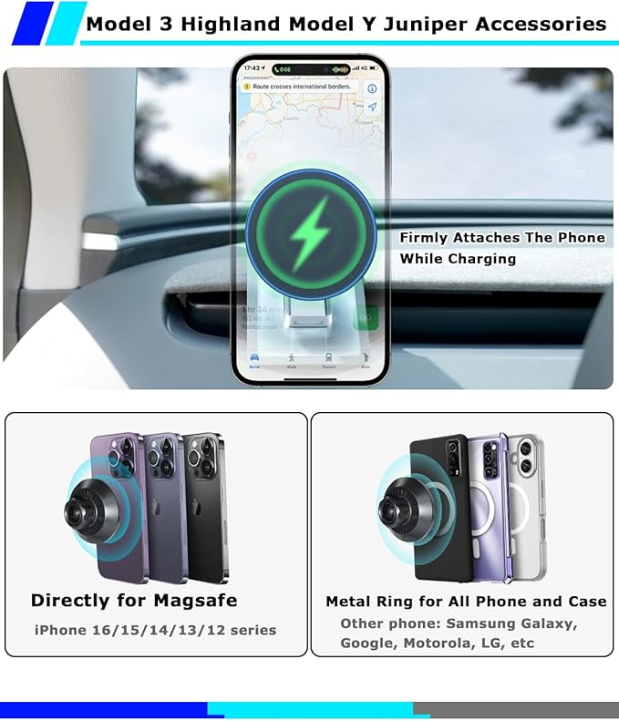 for Tesla Phone Charger Mount Compatible with 2025-2026 Model Y Juniper and 2024-2026 Model 3 Highland, 360° Adjustable, No Tool Installation Required, Anti-Shake Mount Fit for All Smartphones