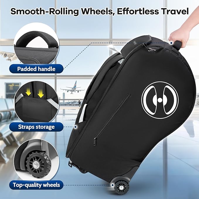 YOREPEK Infant Car Seat Travel Bag Backpack with Wheels, Fits for Doona Car Seat Stroller, Padded Carseat Bags for Air Travel with Shoulder Strap, Car Seat Storage Bag for Airplane with Side Pocket