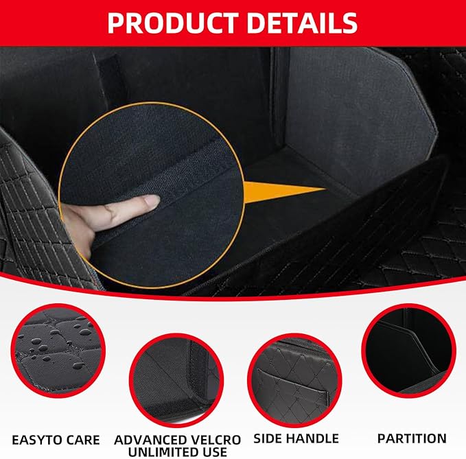 1Pack Leather Trunk Organizer for SUV & Sedans - Extra Large Foldable Car Storage Box with Lid, Adjustable Removable Dividers and Carry Handle, Collapsible Auto Cargo Organizer Black (1)