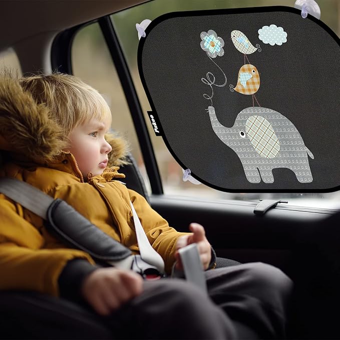 Car Sun Shade for Baby with UV Protection, 2 Pack UV Protection Breathable Car Window Sun Shade for Children with Cute Animal Motifs, 17.7 x 14 inches Sun Shades with 8 Cups