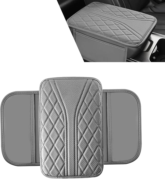 Car Center Console Pad, Leather Car Armrest Box Pad Cover, Vehicle Armrest Protector Cushion with 2 Storage Bags, Universal Arm Rest Pad for Car Interior Accessories Protect (Gray)